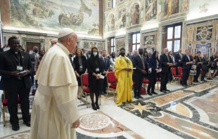 Pope Francis greets participants in a meeting promoted by the International Catholic Legislators Network in the Vatican's Clementine Hall, Aug. 27, 2021. Vatican Media.